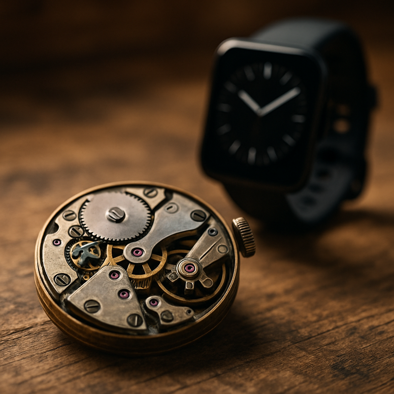 Een close-upfoto van een deels gedemonteerd, glanzend mechanisch horlogeuurwerk met tandwielen en veertjes, op de achtergrond wazig een moderne, strakke smartwatch die digitale tijd toont.