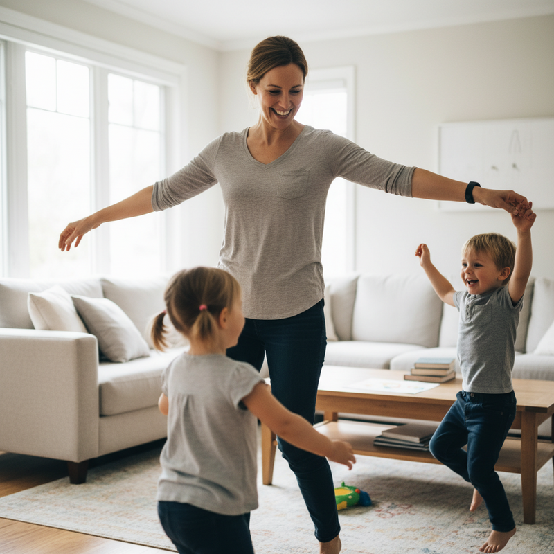 Een lachende moeder met een fitness tracker aan haar pols danst speels met haar twee jonge, blije kinderen in een lichte woonkamer, symboliserend gezinsgezondheid en beweging.
