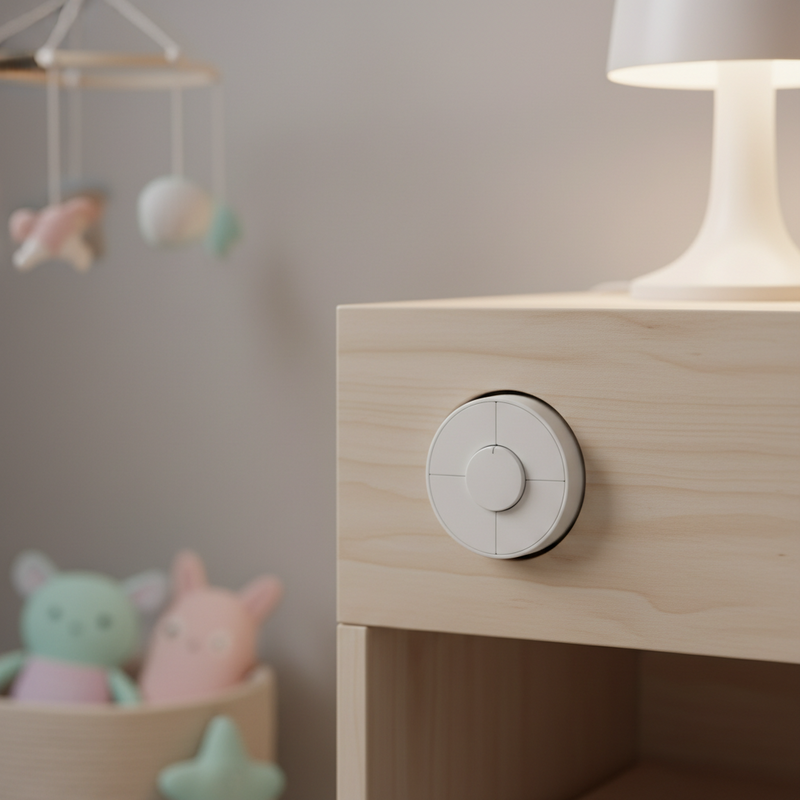 Een close-up fotografie van een witte Philips Hue Tap Dial, subtiel bevestigd aan de zijkant van een lichtgekleurd houten nachtkastje in een kinderkamer. Op de achtergrond is een zacht verlichte lamp te zien, wat een kalme sfeer creëert. De scene toont hoe slimme lichtbediening naadloos kan worden geïntegreerd in een kindvriendelijke omgeving.