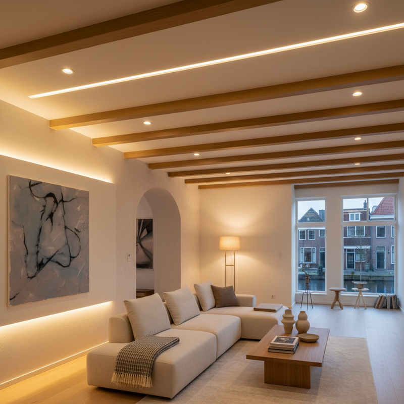 Modern Nederlands interieur met architectonische inbouwverlichting die de harmonie tussen bouwkundige elementen en interieurstijl benadrukt