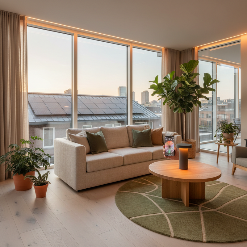 Moderne Nederlandse woonkamer met smart LED verlichting en duurzame inrichting, smartphone app op tafel, zonnepanelen zichtbaar door ramen