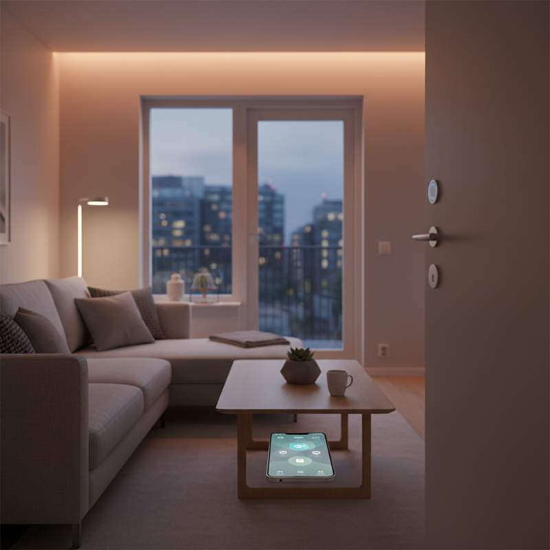 Smartphone met beveiligings-app in modern interieur met slimme sensoren en verlichting