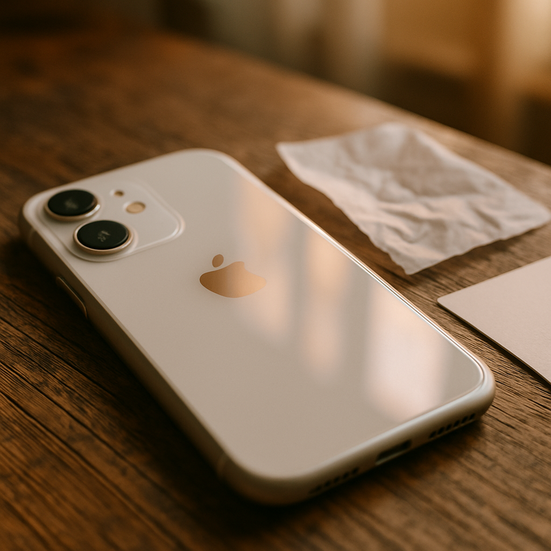 Een iPhone 11 ligt op een houten tafel, de dubbele camera is duidelijk zichtbaar. Ernaast liggen een stuk bakpapier en wit karton, symbolen voor budgetvriendelijke fotografiehulpmiddelen.