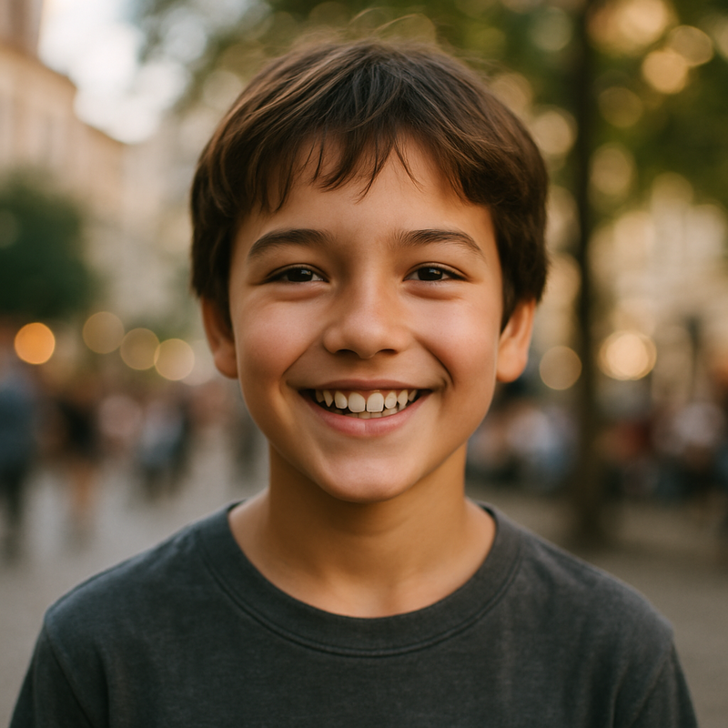 Een scherp gefocust portret van een persoon met een glimlach, gefotografeerd met een kleine scherptediepte. De achtergrond is zacht vervaagd, wat een artistiek bokeh-effect creëert en de aandacht op het onderwerp vestigt.