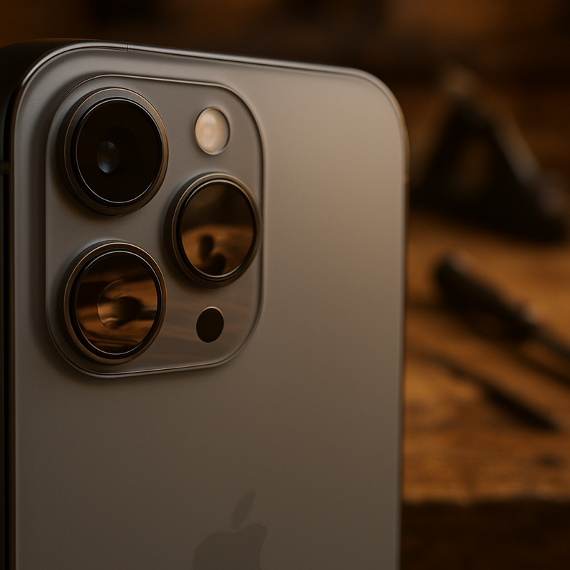 Een close-up van de camera van een iPhone 12 Pro die op een vintage houten werkbank ligt. De lens reflecteert het warme, gouden licht van de werkplaats, met een wazige achtergrond van handgereedschap en houtnerf, wat de connectie tussen technologie en ambacht symboliseert.