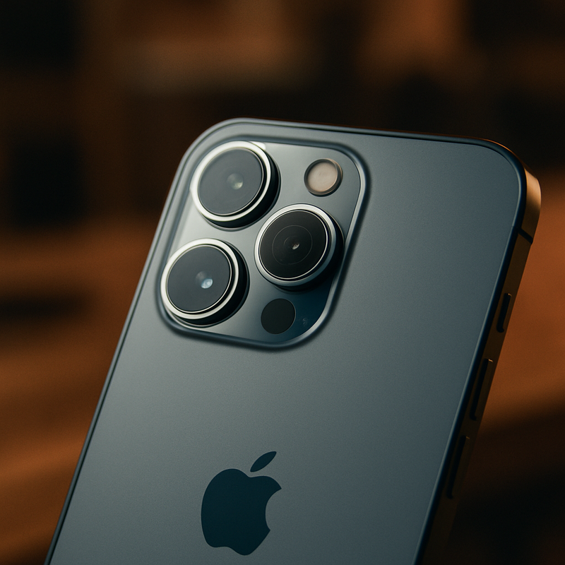 Een close-up van de achterkant van een iPhone 12 Pro, met een duidelijke weergave van de drie camera lenzen en de LiDAR scanner. De achtergrond is zacht vervaagd.