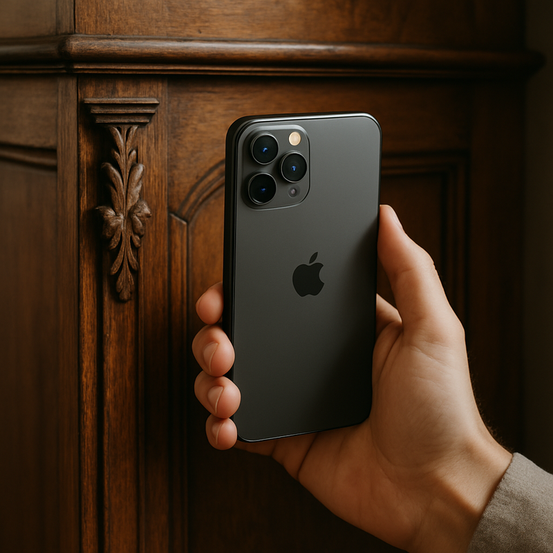 Een hand houdt een iPhone 12 Pro vast, gericht op een close-up van een antieke houten kast, waarbij de fijne houtnerf en het patina in natuurlijk licht worden vastgelegd.