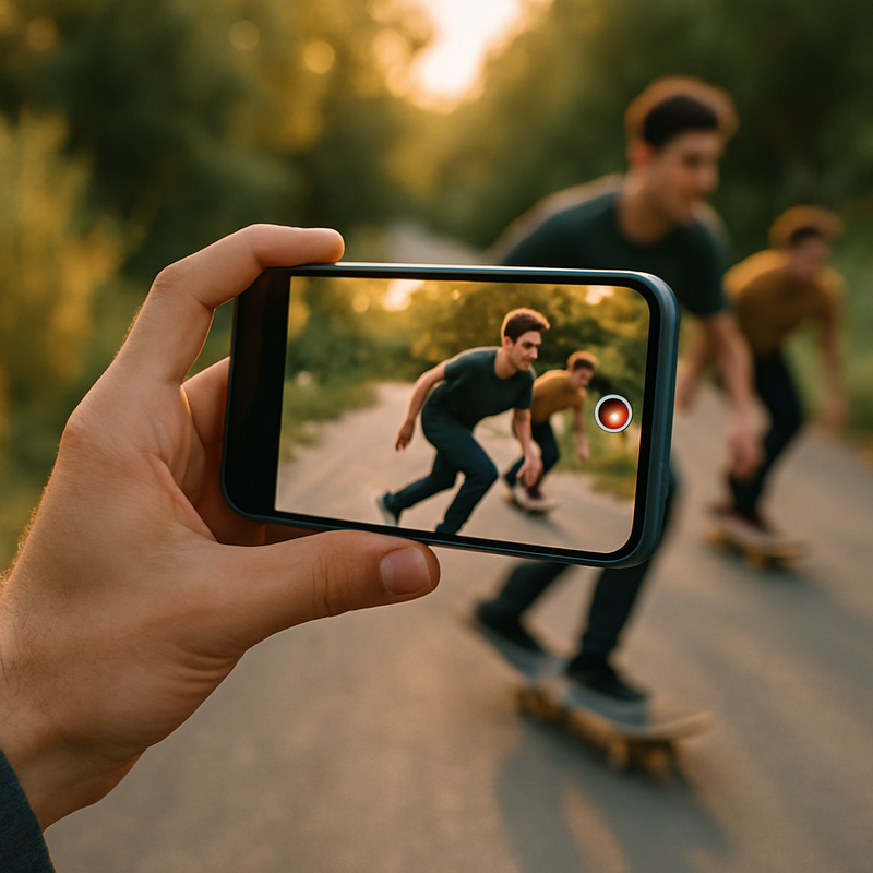 Een persoon houdt een iPhone 14 vast en filmt een levendige scène in beweging, met een focus op de camera en de vloeiende, professionele beeldkwaliteit die de telefoon produceert.