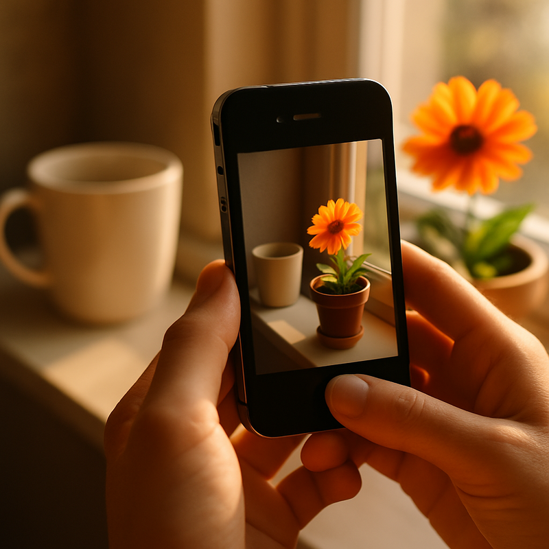 Een close-up van handen die een iPhone 4 vasthouden, gericht op een koffiekopje op een vensterbank, perfect verlicht door natuurlijk zonlicht dat van opzij binnenvalt, wat een warme en sfeervolle foto creëert. De achtergrond is zacht vervaagd.