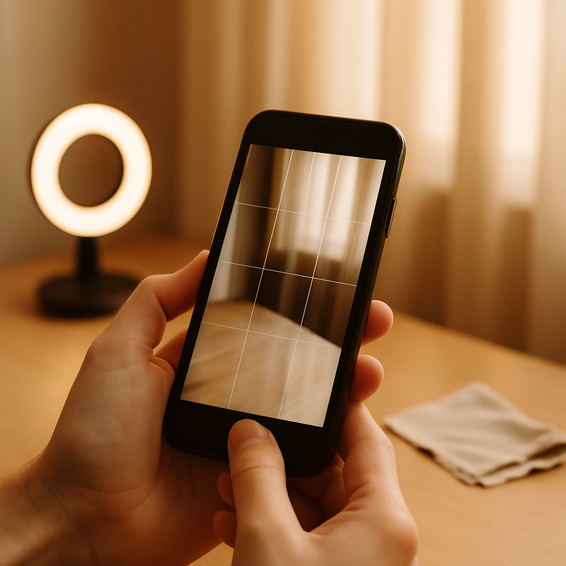 Close-up van handen die een iPhone vasthouden in zacht natuurlijk licht, met een compositieraster op het scherm. Op de achtergrond, wazig maar herkenbaar, liggen een kleine ringlamp en een schoonmaakdoekje voor de lens.
