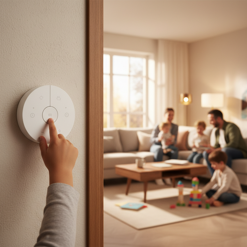 Een close-up van een Philips Hue Tap Dial op een muur, met een kinderhand die een van de knoppen indrukt. Op de achtergrond is een zacht verlichte woonkamer vaag zichtbaar, wat duidt op gebruiksgemak in een gezinssituatie.