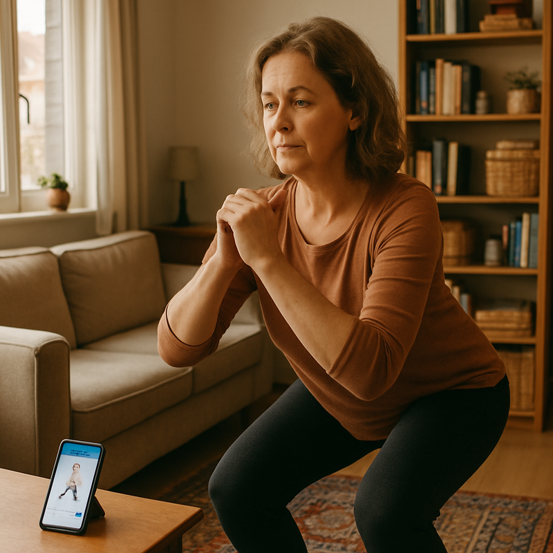 Een vrouw van middelbare leeftijd doet een eenvoudige lichaamsgewichtoefening in een kleine, gezellige woonkamer. Op een salontafel ligt een smartphone met een fitness app in beeld. De setting toont een typisch Nederlands interieur met een bank, boekenrek en natuurlijke lichtinval, wat de uitdaging van sporten in een beperkte ruimte illustreert.