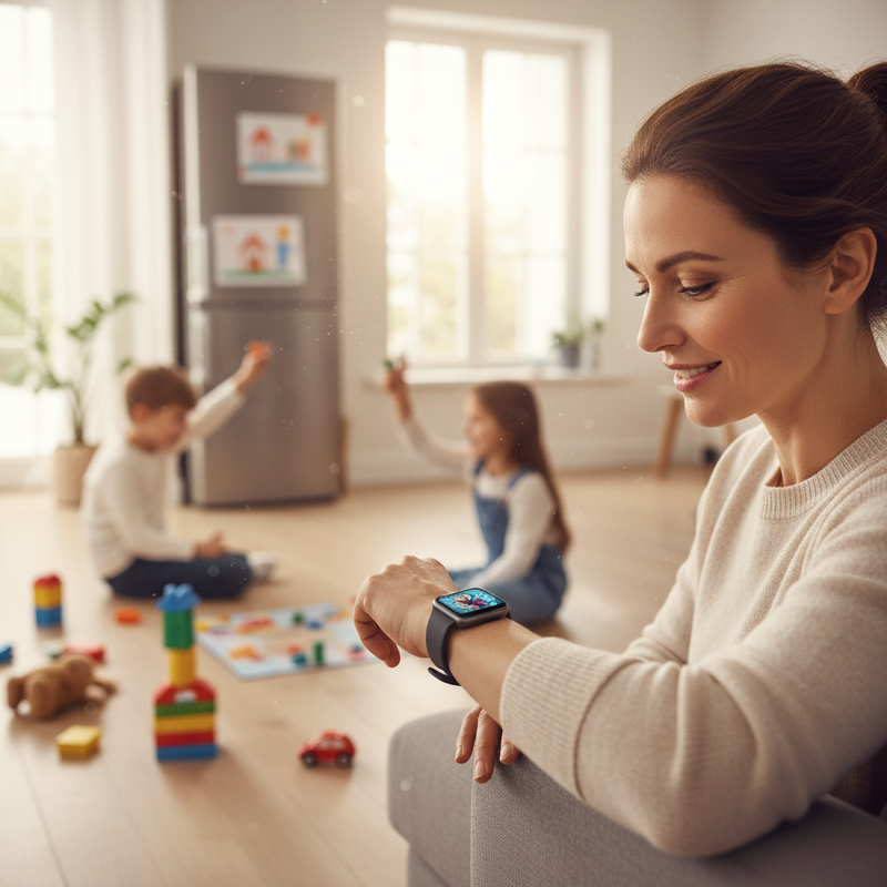 Een glimlachende vrouw, vermoedelijk een moeder, kijkt kalm naar haar smartwatch aan haar linkerpols. De achtergrond toont een lichte, levendige woonkamer met subtiele hints van spelende kinderen, maar de vrouw en haar horloge zijn scherp in beeld. De scène straalt rust en georganiseerde chaos uit.