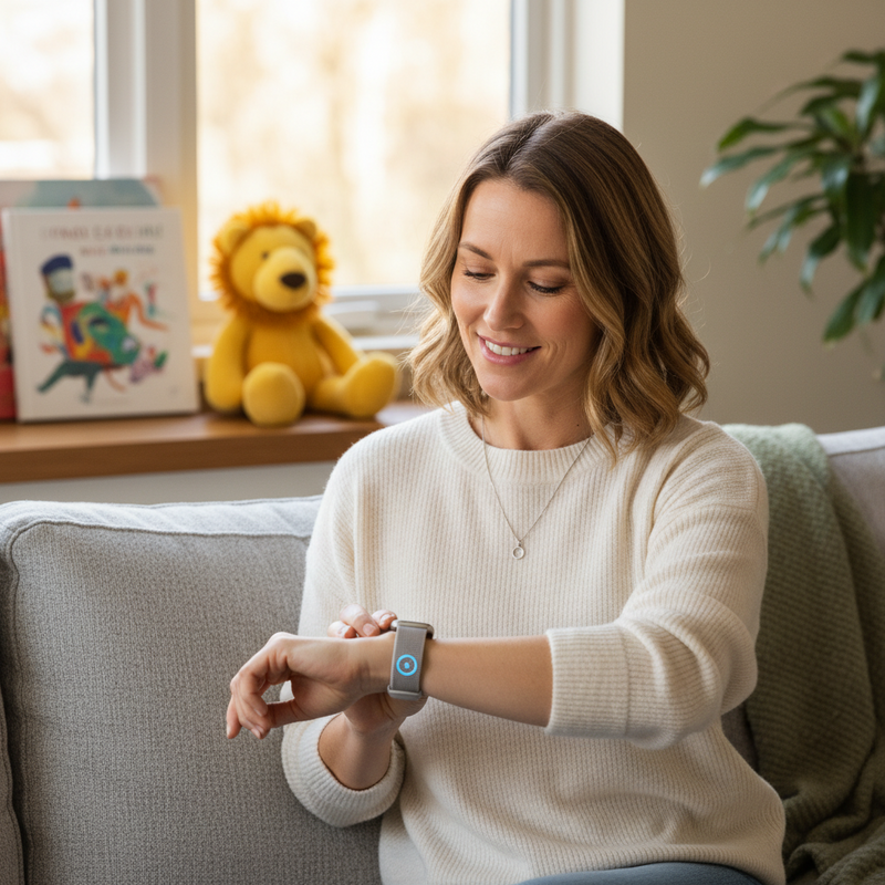 Een rustige vrouw van middelbare leeftijd zit ontspannen op een bank in een huiselijke setting, kijkend naar de smartwatch om haar pols. Op de achtergrond zijn vage elementen van kinderspeelgoed te zien, wat duidt op een gezinsleven. De sfeer is vredig en gecontroleerd.