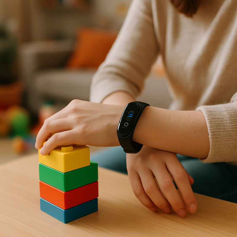 Een close-up van een Mi Smart Band 4 om de pols van een vrouw, haar hand rustend op kleurrijke Duplo-blokken in een huiselijke setting.