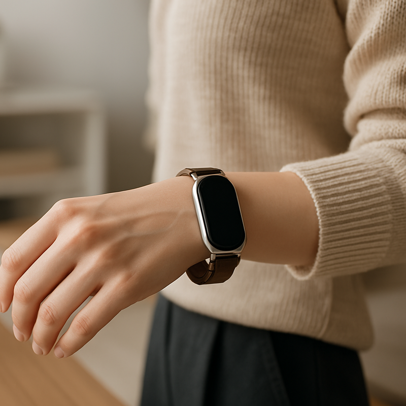 Een vrouw draagt een Mi Smart Band 8 met een elegante leren band aan haar pols, waarbij de metalen behuizing zichtbaar is, tegen een zacht vervaagde achtergrond van een stijlvol interieur.