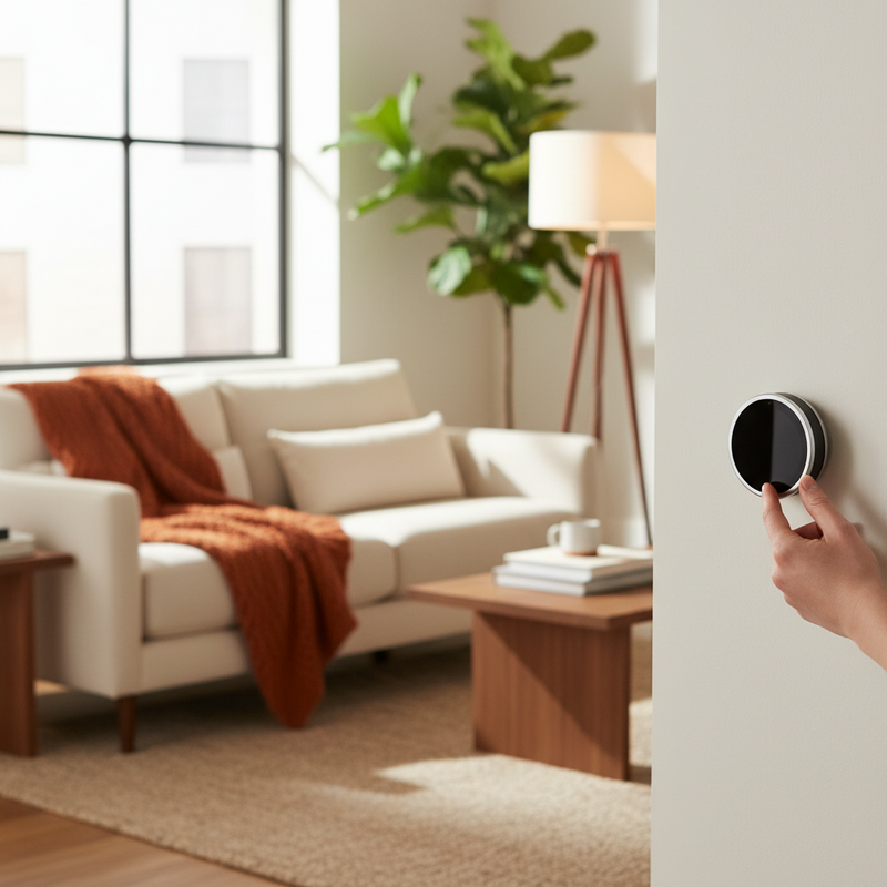 Een close-up van een Nest thermostaat op een muur in een warme woonkamer, waarbij een hand de temperatuur instelt.