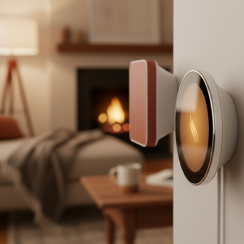 Een close-up van een moderne Nest Thermostat met een zacht verlicht scherm dat de binnentemperatuur weergeeft, tegen een wazige achtergrond van een gezellige woonkamer.