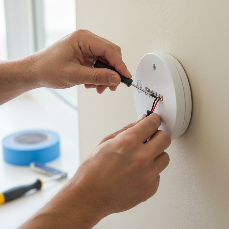 Een close-up van handen die met een schroevendraaier twee draden aansluiten op de basisplaat van een Nest thermostaat, gemonteerd op een muur.