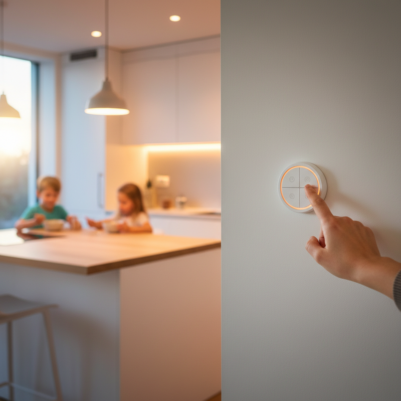 Een gezin geniet van de ochtendrush in een modern verlichte keuken, waarbij een hand reikt naar een Philips Hue Tap Dial schakelaar om de vooraf ingestelde lichtscène te activeren.
