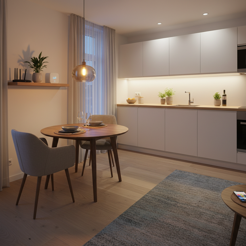 Een gezellige open woonkeuken in een klein Nederlands huis, verlicht door Philips Hue slimme lampen. Warm licht creëert een eethoek, terwijl de keuken helder verlicht is. Een smartphone met de Hue app en de Bridge zijn zichtbaar, symboliserend de makkelijke installatie.