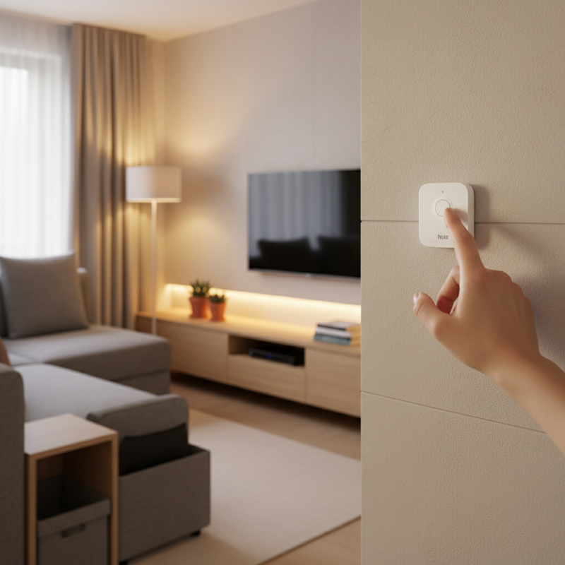 Een hand die een witte Philips Hue Dimmer Switch bedient, die magnetisch is bevestigd op een lichte muur in een modern, compact Nederlands appartement.