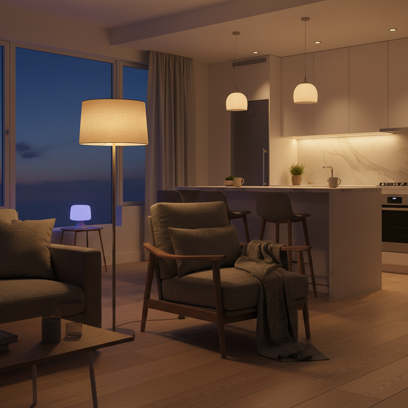 Een moderne woonkamer en open keuken met verschillende soorten Philips Hue verlichting. Een staande lamp met E27 fitting, GU10 spots in het plafond van de keuken en Lightstrips onder de keukenkastjes. De verlichting toont een mix van warm wit en subtiele kleurtinten, wat een gezellige en veelzijdige sfeer creëert.