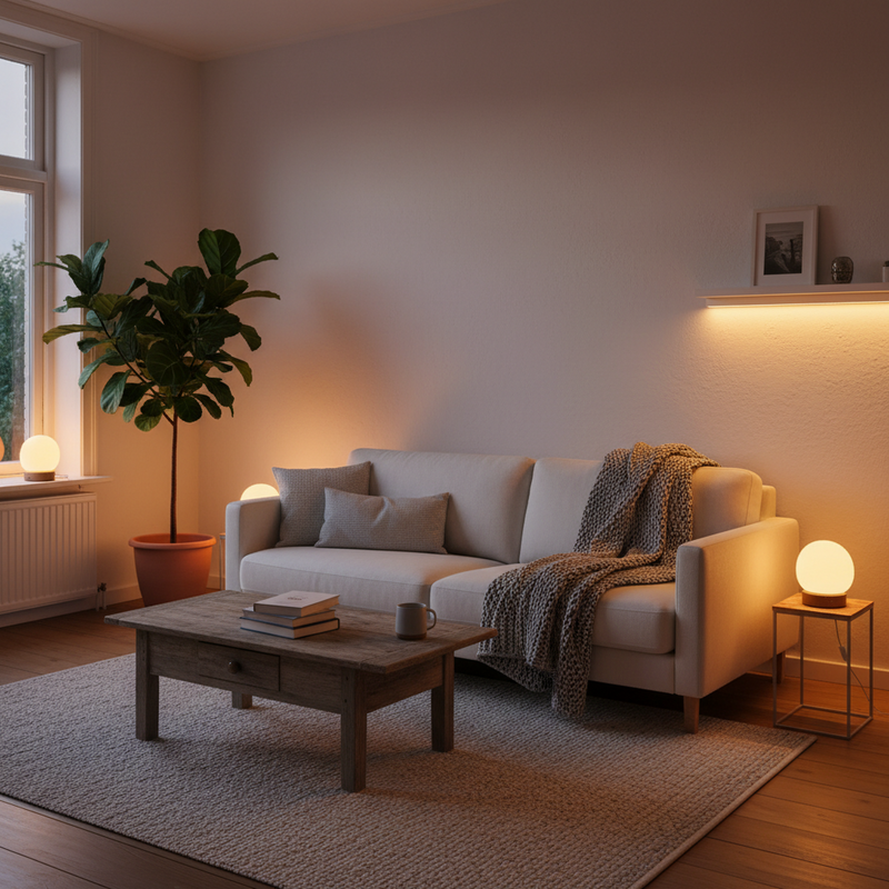 Een sfeervol verlichte woonkamer in een Nederlands huis bij schemering, met slimme verlichting die een zachte, warme gloed verspreidt. Een comfortabele bank en subtiele decoraties benadrukken de gezellige ambiance.