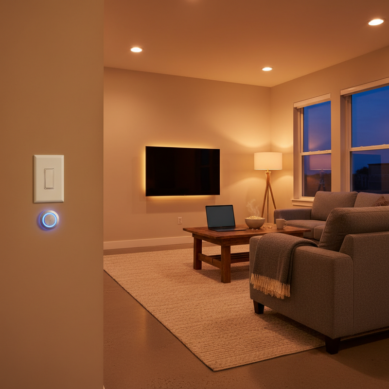 Een warme en uitnodigende woonkamer bij zonsondergang, verlicht met Philips Hue lampen die oranje en gele tinten projecteren. Een fysieke wandschakelaar is subtiel zichtbaar, wat duidt op slimme integratie.