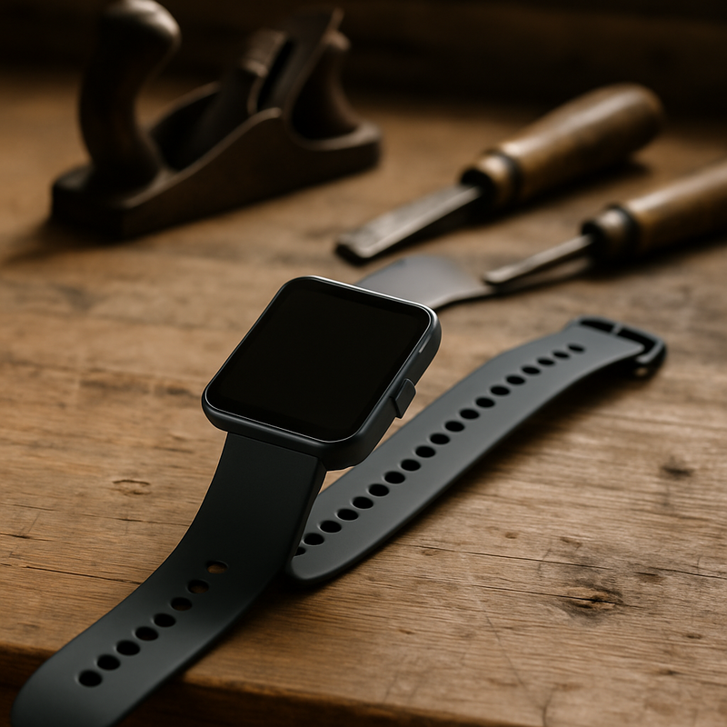 Een Redmi Watch 2 Lite, een strak en minimalistisch slim horloge, ligt op een houten werkbank. Op de achtergrond zijn vaag enkele traditionele handgereedschappen te zien.