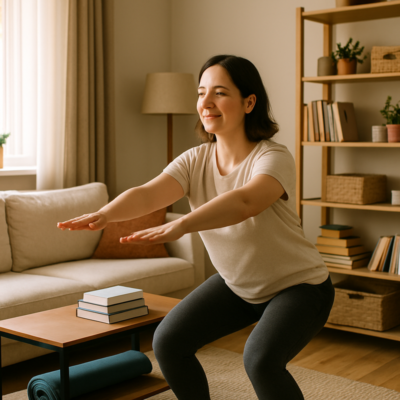 Een persoon doet een fitnessoefening in een kleine, opgeruimde woonkamer met slimme opbergoplossingen en multifunctionele meubels.