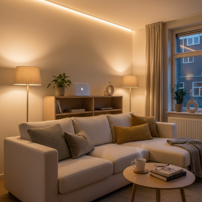 Een sfeervol verlichte, compacte woonkamer in een modern Nederlands appartement. De verlichting is zacht en gedimd, wat een gezellige avondsfeer creëert. Een comfortabele bank is zichtbaar met kussens, en een kleine bijzettafel met een drankje. In de achtergrond staat een afgesloten laptop op een plank, wat de multifunctionele aard van de ruimte benadrukt.