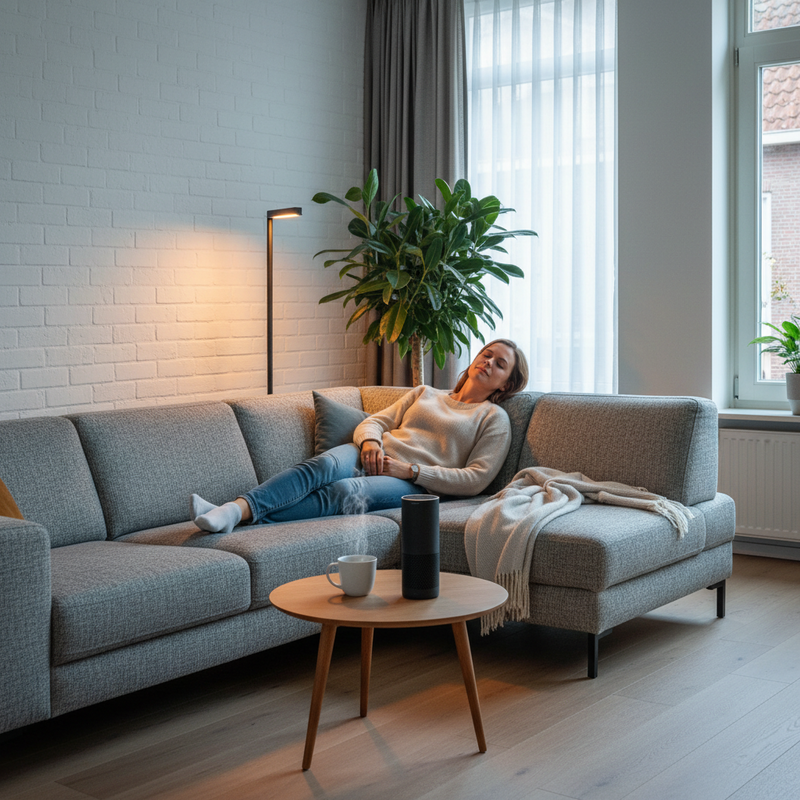 Een gezellige Nederlandse woonkamer met gedimde slimme verlichting. Een smart speaker staat op een bijzettafel naast een kop koffie, wat het gemak van stembediening in een geïntegreerd smart home suggereert.
