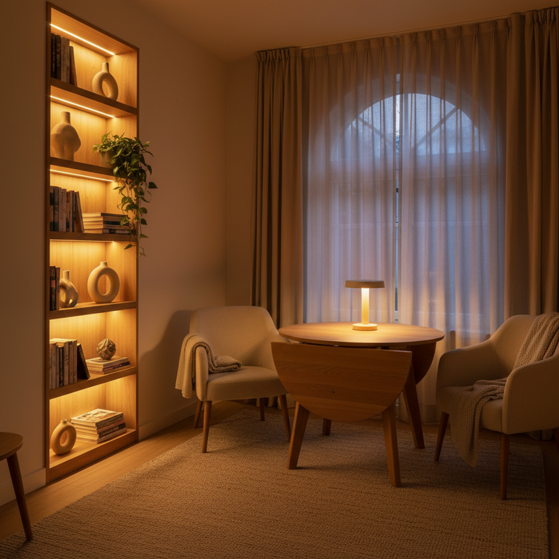 Een fotografische afbeelding van een kleine, knusse Nederlandse woonkamer in de avond, verlicht met warme, amberkleurige slimme verlichting. Het licht creëert een serene en uitnodigende sfeer rondom een houten tafel en subtiele meubels.