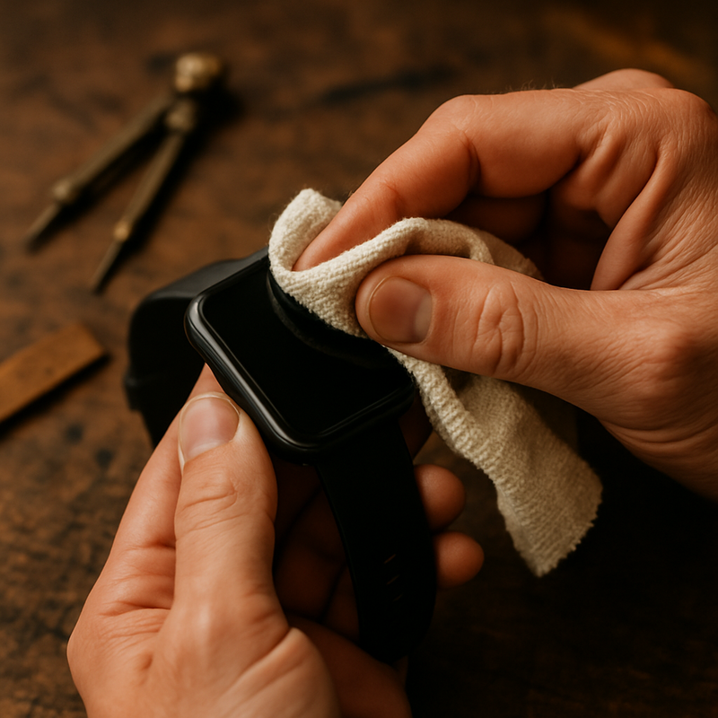 Close-up van handen die zorgvuldig het scherm van een smartwatch schoonmaken met een zachte doek, met een onscherpe houten werkbank en traditionele gereedschappen op de achtergrond, wat een focus op duurzaamheid en ambacht symboliseert.