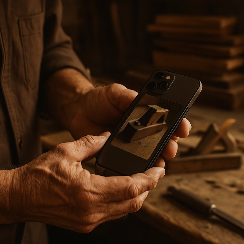 Een close-up van de handen van een oudere ambachtsman die een moderne smartphone zorgvuldig vasthoudt in een werkplaats. De achtergrond toont vage contouren van een houten werkbank en handgereedschap.