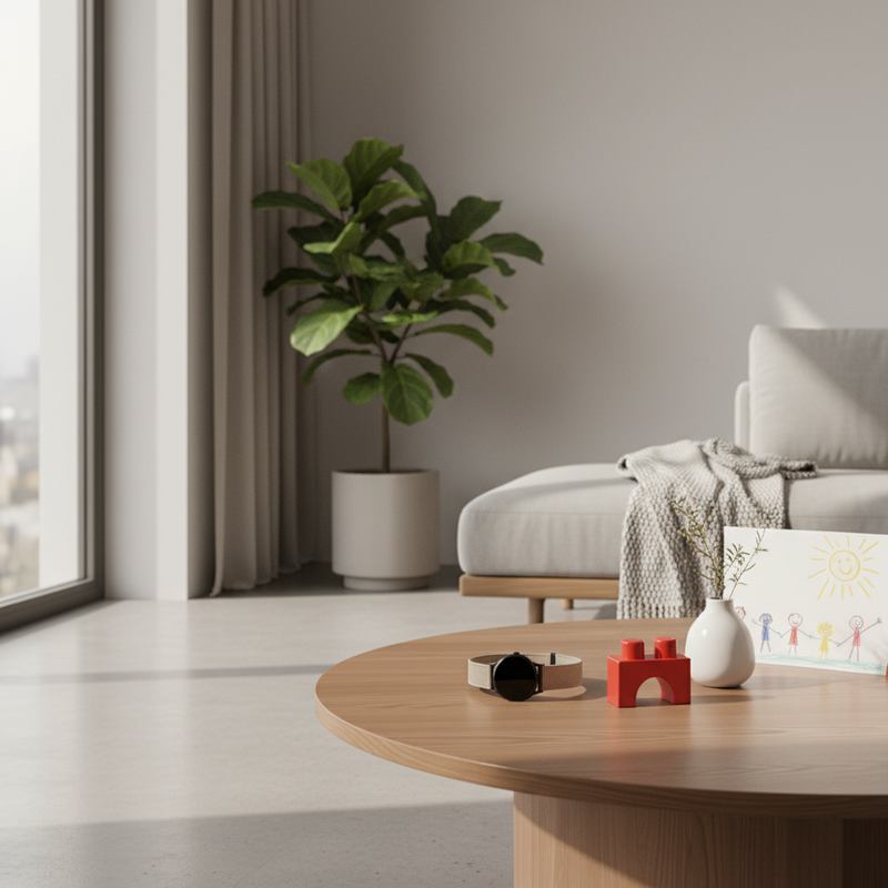 Een minimalistische woonkamer met zonlicht. Op een houten tafel ligt een moderne Xiaomi smartwatch naast een paar kleurrijke kinderbouwblokjes. De scène combineert volwassen esthetiek met speelse elementen van een gezinsleven.