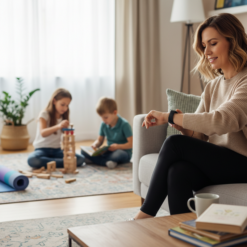 Een glimlachende moeder met een fitness tracker om haar pols kijkt naar haar spelende kinderen in een lichte, opgeruimde woonkamer, wat de balans tussen activiteit en gezinsleven illustreert.