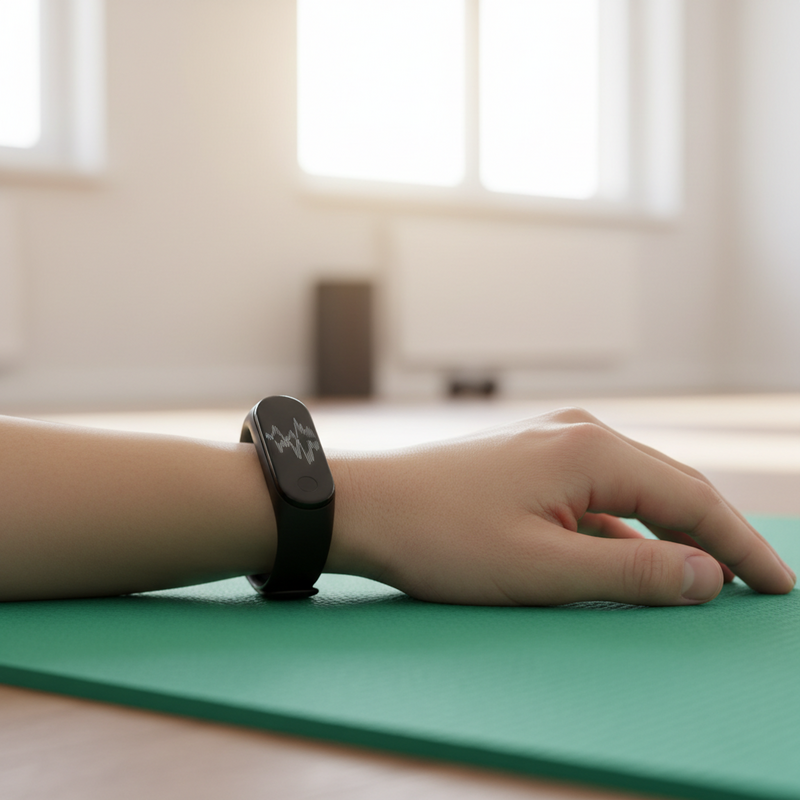 Een close-up foto van een pols met een minimalistische fitness tracker, zoals een Xiaomi Mi Band, liggend op een groene yogamat. De focus ligt op het apparaatje om de pols.