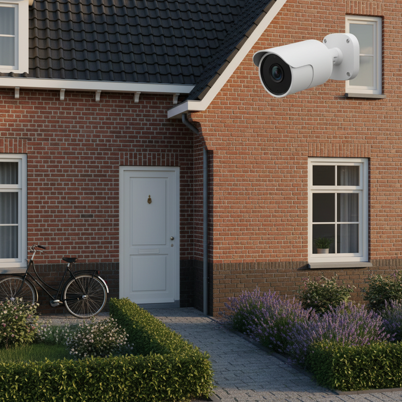 Een grijs-witte, compacte buitencamera is subtiel gemonteerd onder de dakrand van een rood bakstenen rijtjeshuis, met een kleine groene voortuin en een straat op de achtergrond. Het is een zonnige dag.