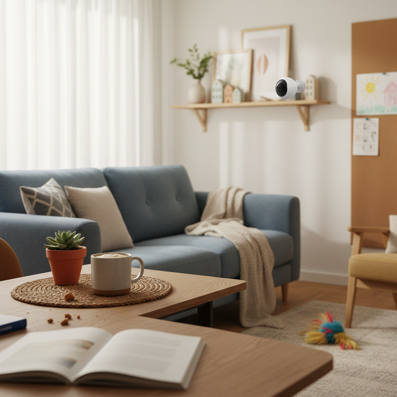 Een foto van een gezellige, compacte woonruimte in een Nederlands appartement, met een moderne beveiligingscamera discreet geplaatst op een plank, subtiel onderdeel van het interieur.