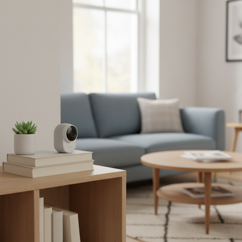 Een compacte, onopvallende beveiligingscamera die subtiel is geplaatst op een houten boekenplank in een gezellige, modern ingerichte woonkamer met natuurlijk licht. Naast de camera staat een kleine plant en liggen enkele boeken, wat de integratie in het interieur benadrukt.