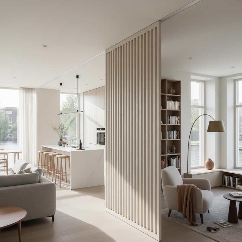 Modern interieur met schuifbare scheidingswand tussen open keuken en afgesloten werkruimte, natuurlijk licht en neutrale kleuren