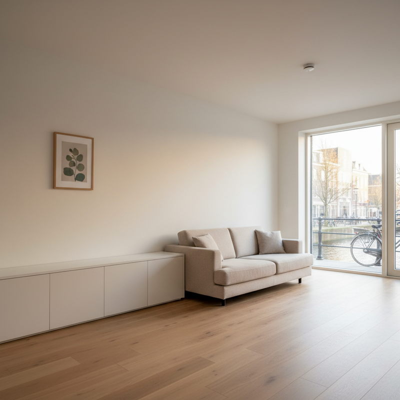 Lichte minimalistische woonkamer met witte muren, beige bank, natuurlijk licht en strategische lege ruimtes voor visuele rust