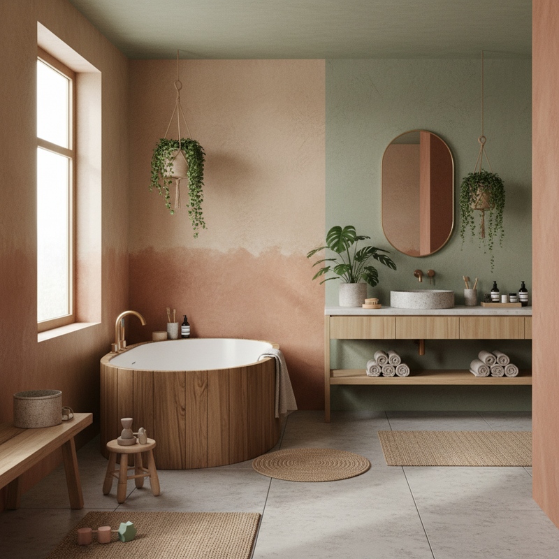 Moderne badkamer met tadelakt wandafwerking in natuurlijke tinten, voorbeeld van circulaire interieurmaterialen