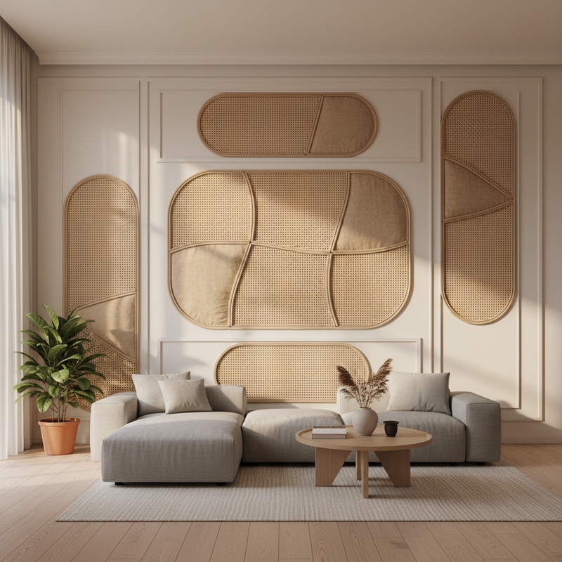 Moderne Nederlandse woonkamer met gevlochten rotan cannage wandpanelen in natuurlijke tinten met zacht lichtspel