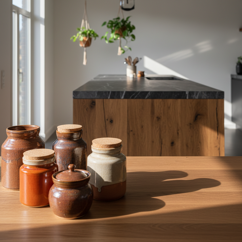 Bruine vintage keramiek voorraadpotten op houten aanrechtblad met robuust keukeneiland van natuurlijk hout en antraciet natuursteen op de achtergrond
