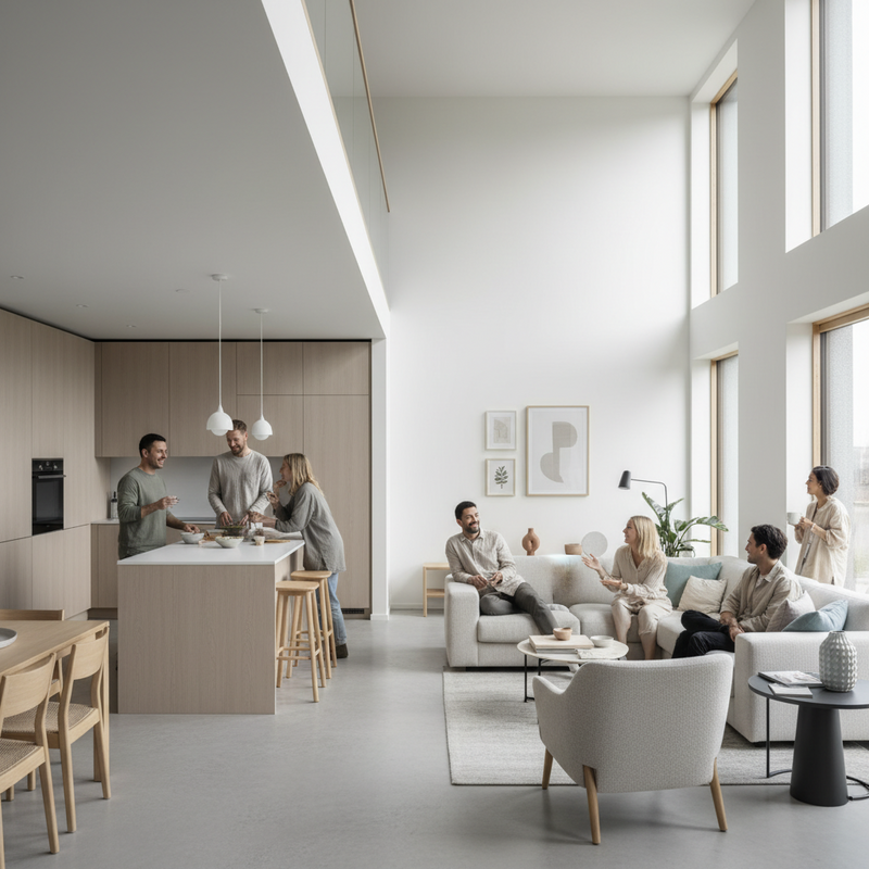 Moderne open woonkamer met doorlopende ruimte tussen keuken en zitgedeelte waar mensen natuurlijk met elkaar omgaan