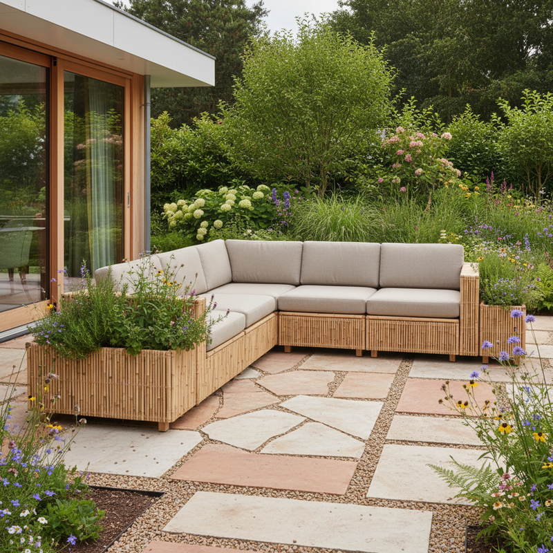 Modern tuinterras met duurzame modulaire loungebank en geïntegreerde plantenbakken met kruiden en bloemen