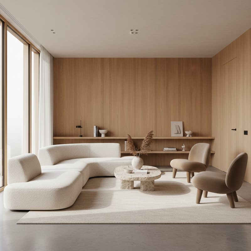 Minimalistisch Nederlands interieur met warme houten meubels, natuurlijk licht en organische vormen die functionaliteit en schoonheid combineren